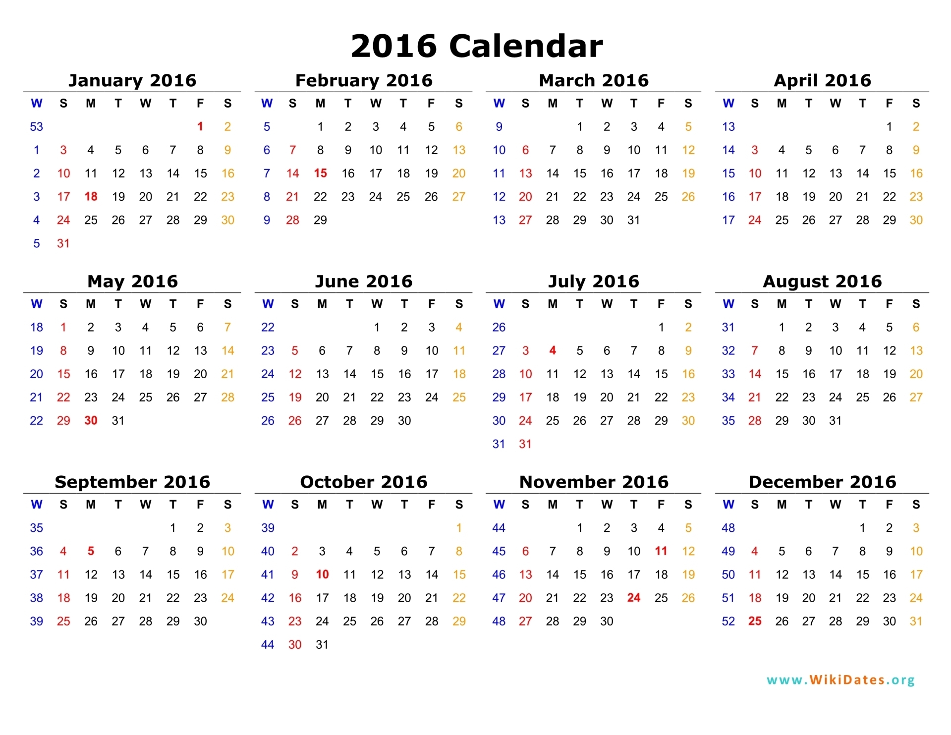 2016 Calendar | WikiDates.org