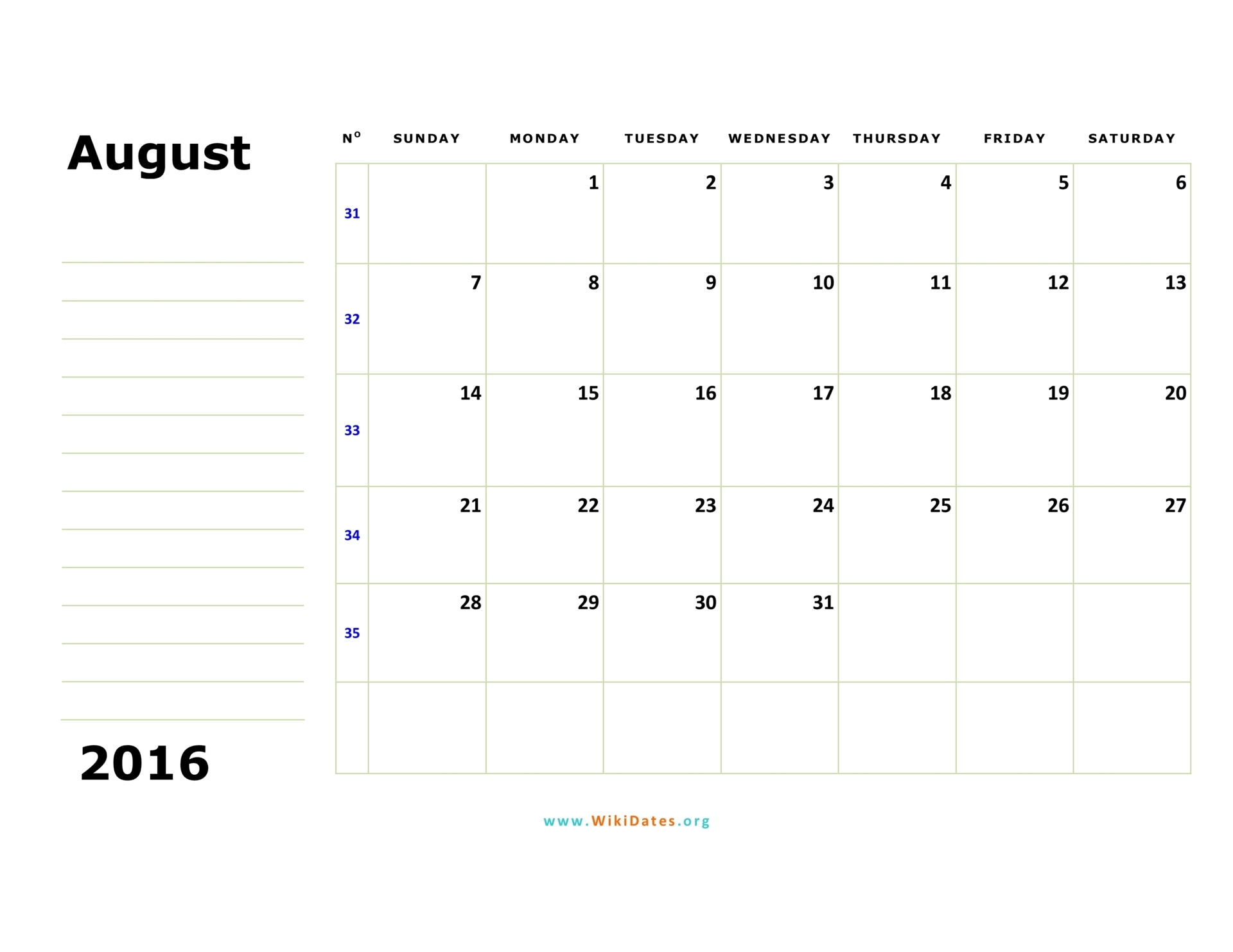 August 2016 Calendar