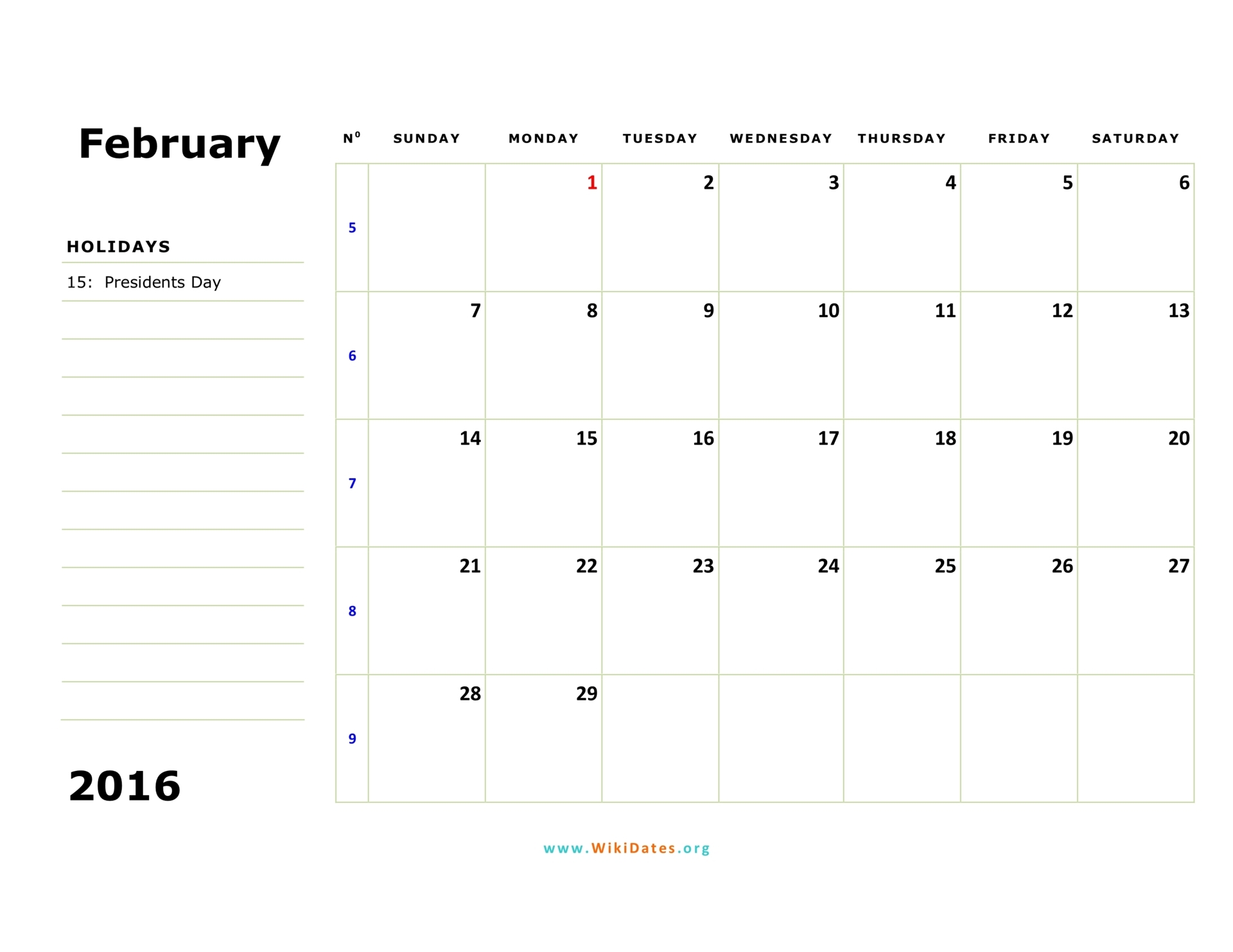 February 2016 Calendar WikiDates org
