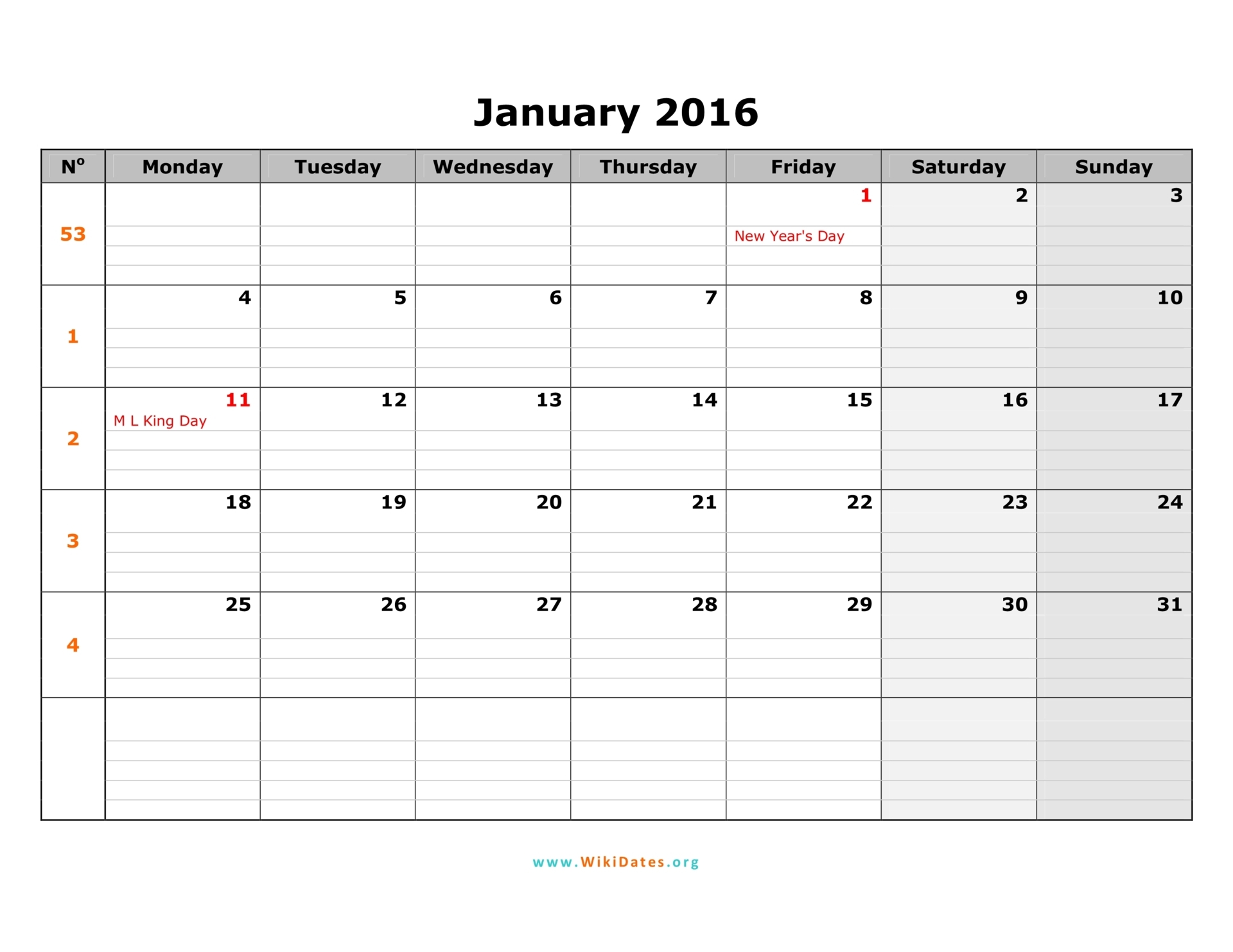 January 2016 Calendar