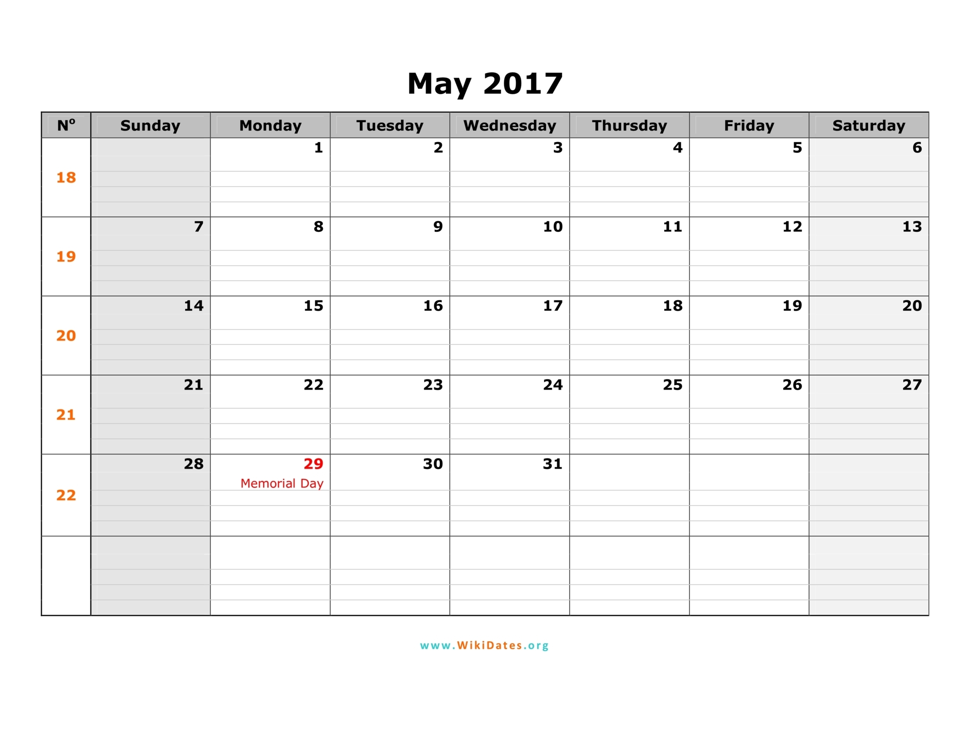 May 2017 Calendar With Holidays Printable
