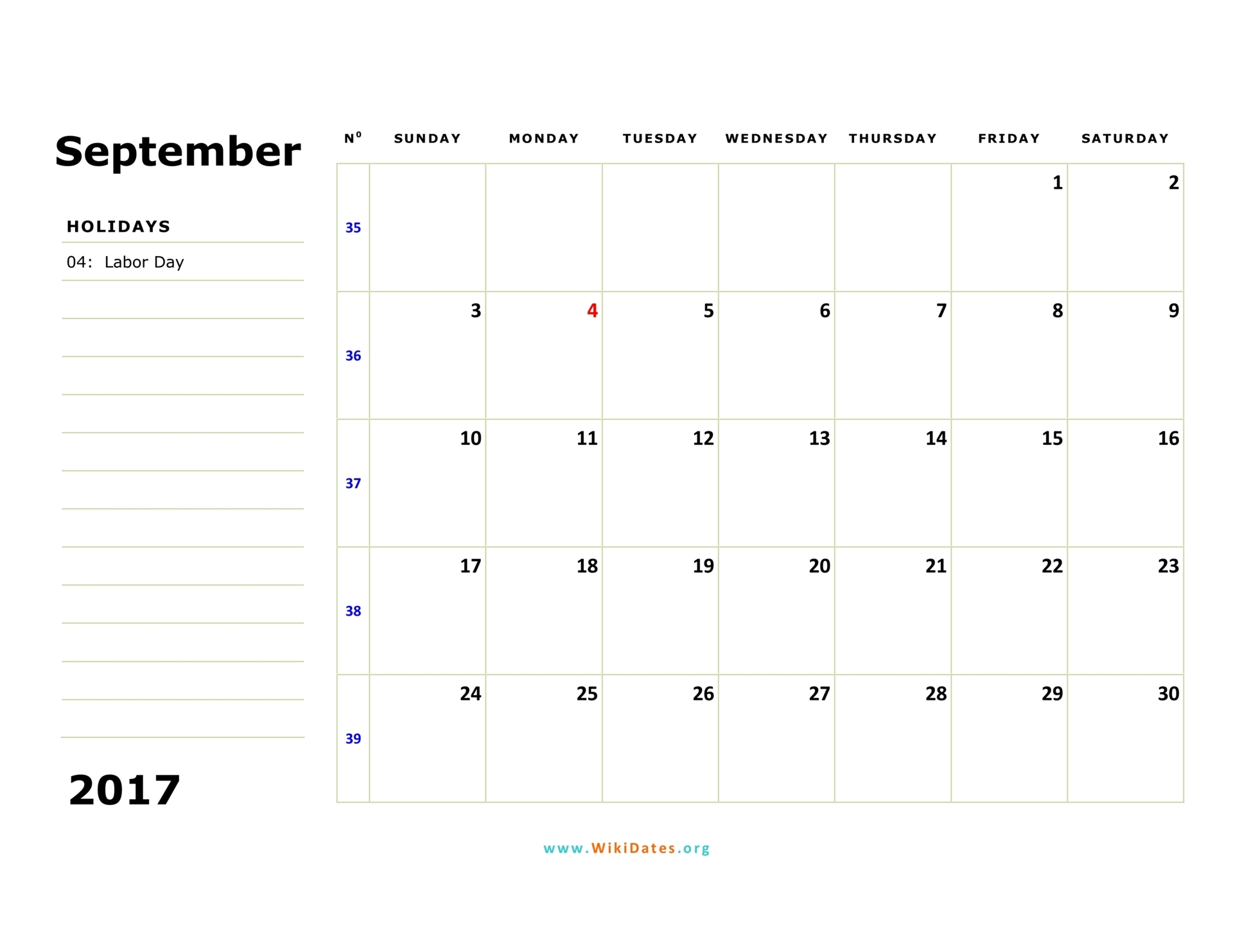 September 2017 Calendar WikiDates