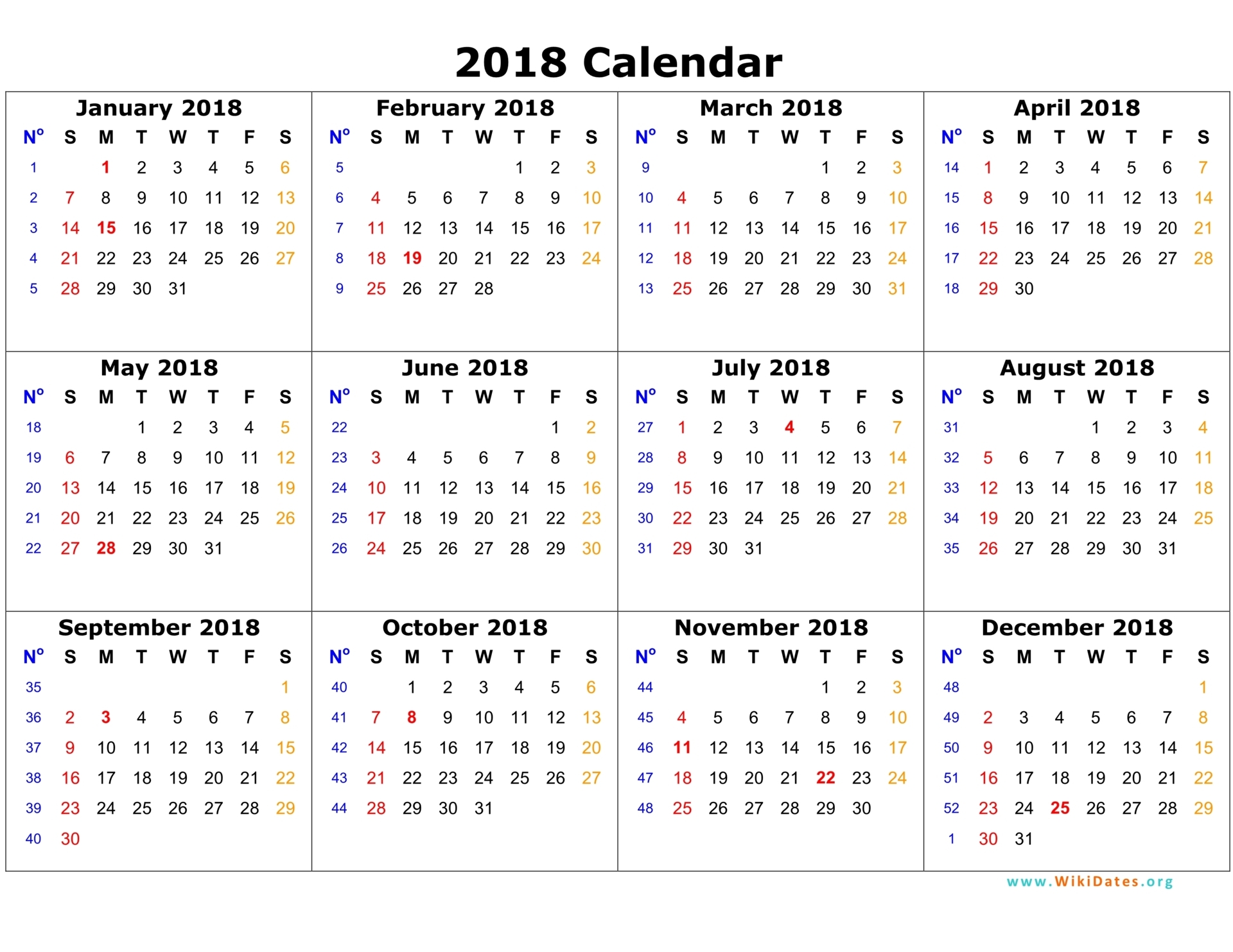 2018 Calendar