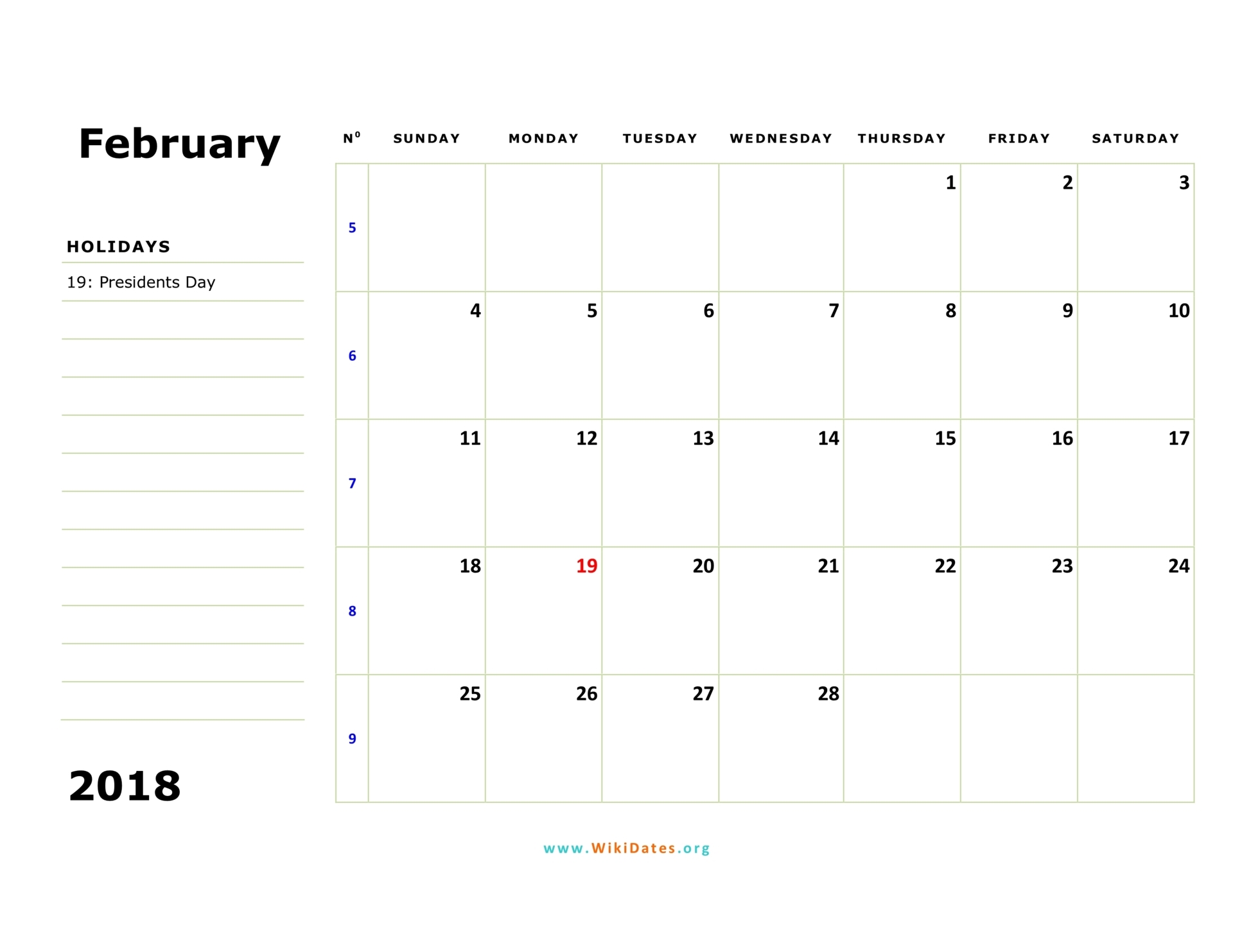 Printable February 2018 Calendar Pdf