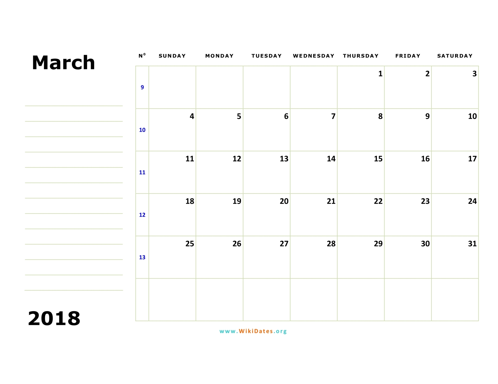 March 2018 Calendar Print Out