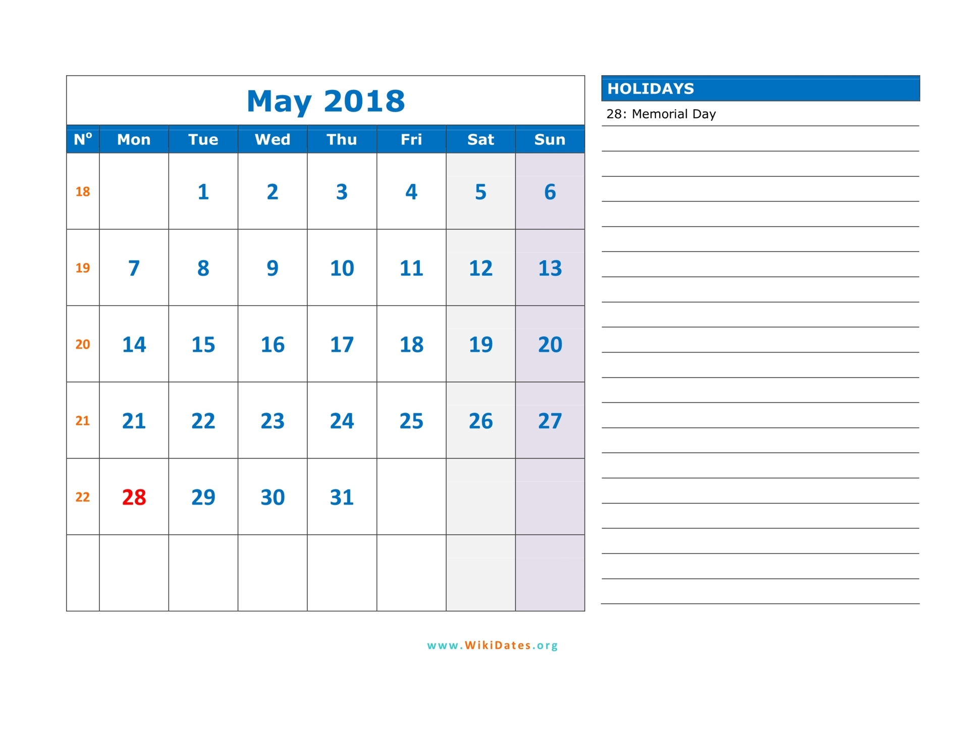 May 2018 Calendar WikiDates