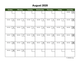 August 2020 Calendar with Day Numbers