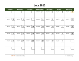 July 2020 Calendar with Day Numbers