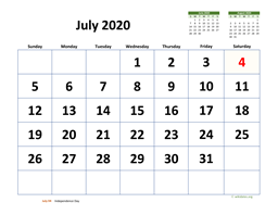 July 2020 Calendar with Extra-large Dates