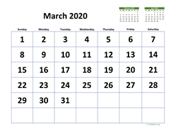 March 2020 Calendar with Extra-large Dates