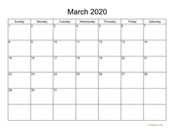 Basic Calendar for March 2020