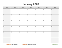 Monthly 2020 Calendar with Weekend Shaded