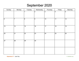 Basic Calendar for September 2020
