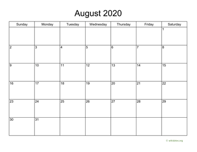 Basic Calendar for August 2020