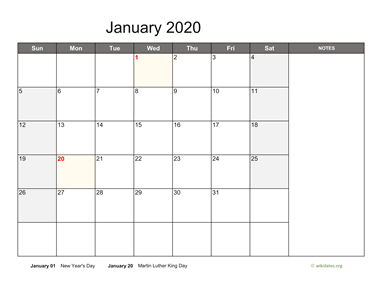 Monthly 2020 Calendar with Notes