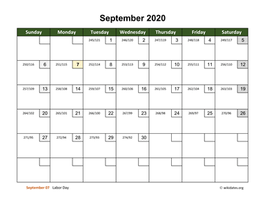 September 2020 Calendar with Day Numbers