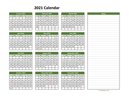 Yearly Printable 2021 Calendar with Notes