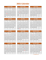 Full Year 2021 Calendar on one page