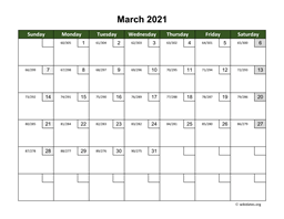 March 2021 Calendar with Day Numbers