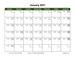 Monthly 2021 Calendar with Day Numbers
