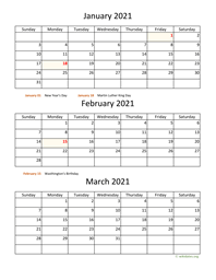 three months 2021 calendar vertical