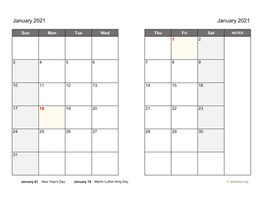 Monthly 2021 Calendar on two pages