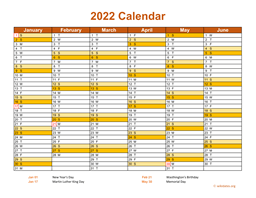 2022 Calendar on 2 Pages, Landscape Orientation