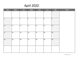 April 2022 Calendar with Notes