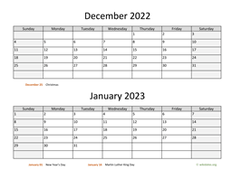 december and january 2022 calendar