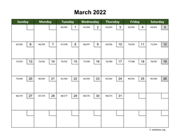 March 2022 Calendar with Day Numbers