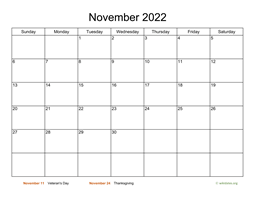 Basic Calendar for November 2022