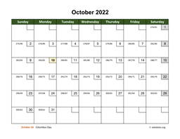 October 2022 Calendar with Day Numbers