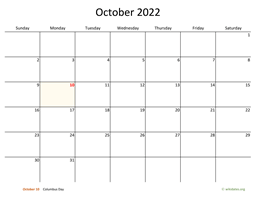 October 2022 Calendar with Bigger boxes