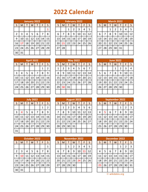 Full Year 2022 Calendar on one page
