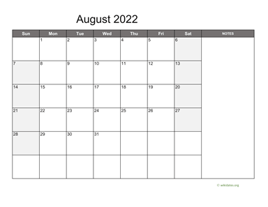 August 2022 Calendar with Notes
