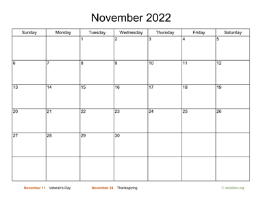Basic Calendar for November 2022