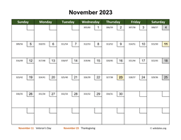 November 2023 Calendar with Day Numbers
