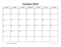 Basic Calendar for October 2023