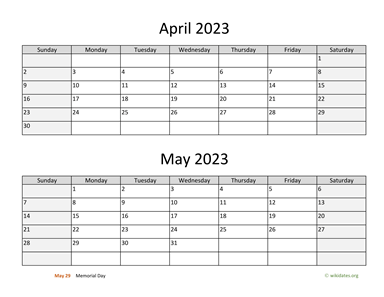 April and May 2023 Calendar Horizontal
