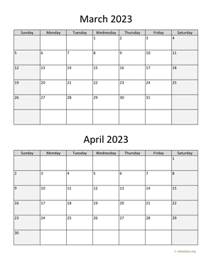 March and April 2023 Calendar Vertical