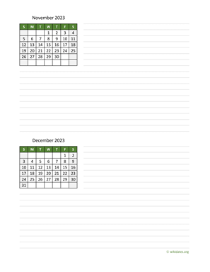 November and December 2023 Calendar with Notes
