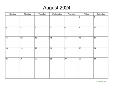 Basic Calendar for August 2024