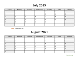 July and August 2025 Calendar