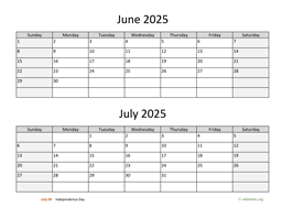 June and July 2025 Calendar