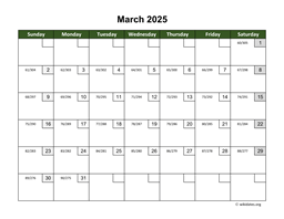 March 2025 Calendar with Day Numbers