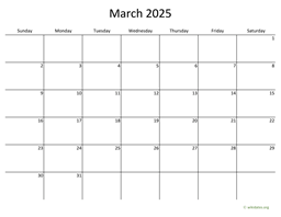 March 2025 Calendar with Bigger boxes