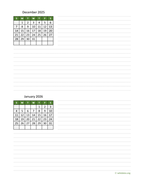 December 2025 and January 2026 Calendar with Notes