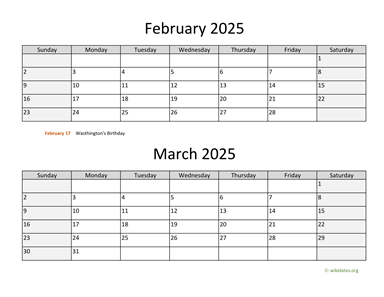 February and March 2025 Calendar Horizontal