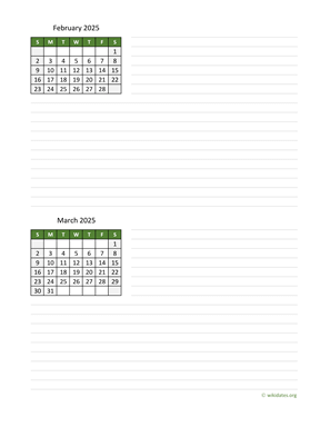February and March 2025 Calendar with Notes