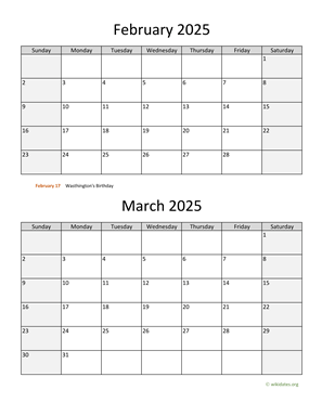 February and March 2025 Calendar Vertical